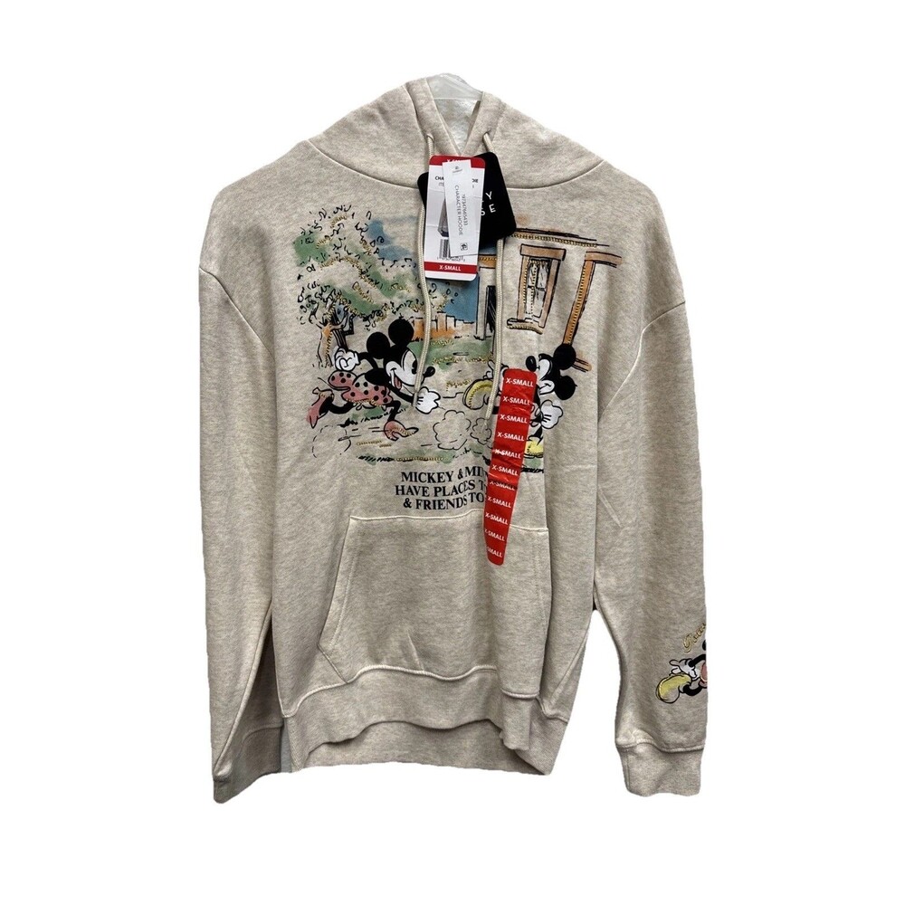 Disney Mickey And Minnie Mouse Hoodie Beige Sweatshirt Women XS New Cotton Blend